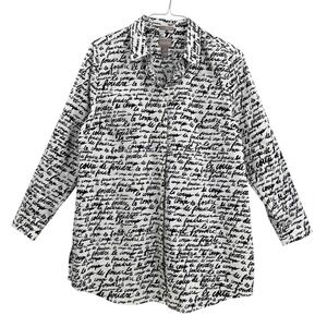 Chicos Love at First Sight Button Up Shirt Black White Script Print Tunic Size 2